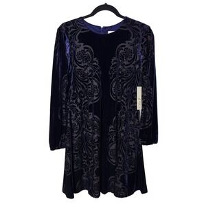 NWT Eliza J 10 Petite Blue Velvet Dress Paisley Print Long Sleeve Whimsygoth